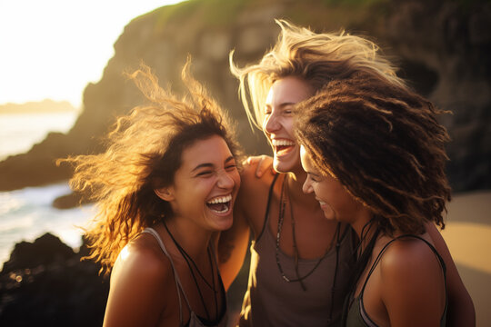 Three Friends Hugging and Laughing on Beach After Sunrise Yoga - Powered by Adobe