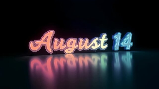 August fourteenth neon sign with pink and blue light on a reflective dark surface background