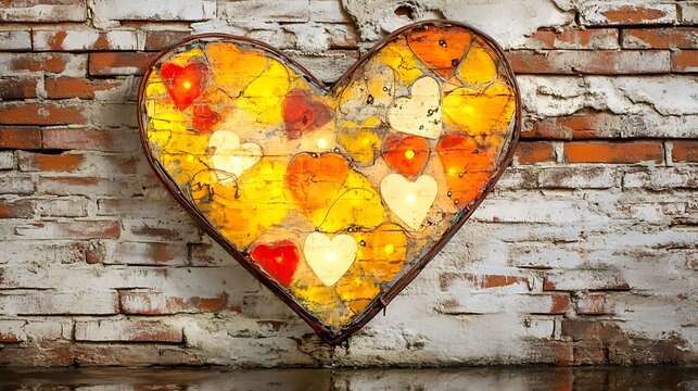 Decorative heart shape with small hearts on a brick wall.