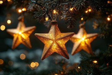 Golden Star Lights Adorn Christmas Tree, Festive Holiday Decor