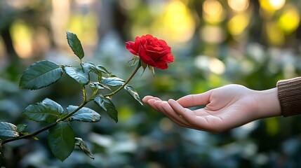 A red rose offered in a gentle gesture.