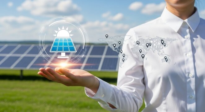 A person holds a glowing solar panel icon and a world map with network connections in a field of solar panels