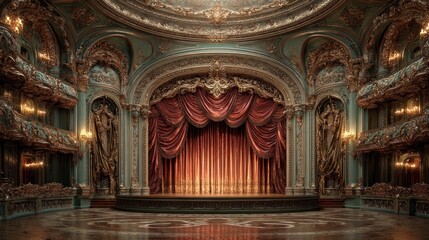 Obraz premium Opulent Grand Theatre Stage with Ornate Details and Rich Red Curtains