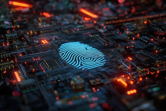 Fingerprint scan over technology background suggests security, data, and future use