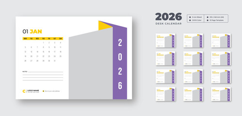 2026 desk calendar design template | Week starts on Monday | 12-month planner for work or study | Printable, editable vector layout for office use