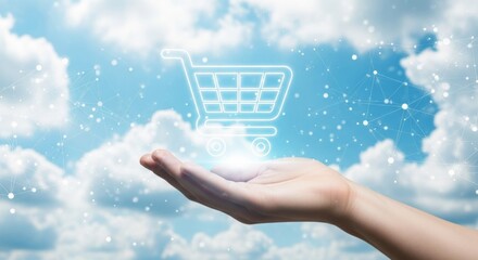 A hand holds a glowing shopping cart icon against a backdrop of clouds and a digital network