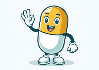 Pharmaceutical pills drug cartoon mascot showing Okay finger gesture