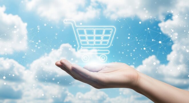 A hand holds a glowing shopping cart icon against a backdrop of clouds and a digital network