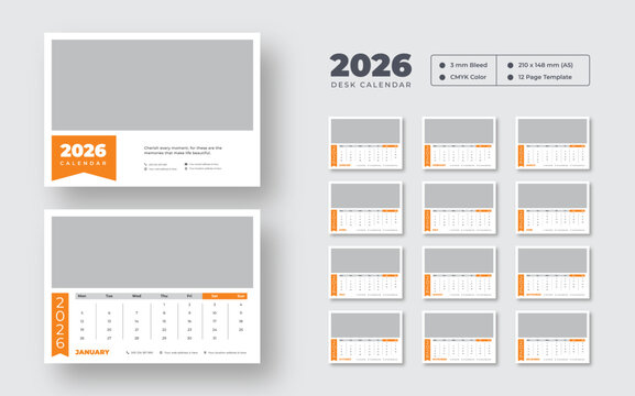 2026 modern desk calendar | Printable monthly planner | Week starts on Monday | Editable vector template for digital or print use