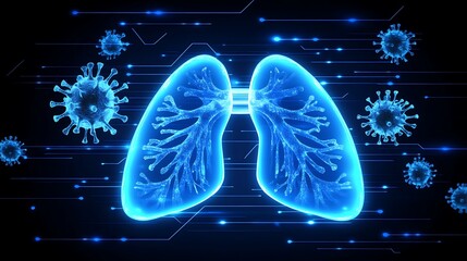 A detailed graphic of the lungs with microscopic viruses.