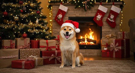 Cheerful Shiba Inu Dog Wearing Santa Hat Surrounded by Christmas Gifts and Decorations in Cozy Living Room