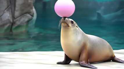 A trained seal balances a large pink ball on its nose, set against a backdrop of clear blue water and rocks