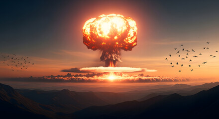 Dramatic Nuclear Explosion over Mountain Range at Sunset – Surreal Landscape and Environmental Concept