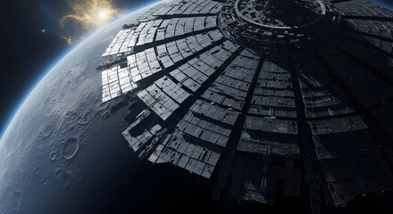 Massive Orbital Megastructure Encircling a Distant Planet with Dramatic Lighting and Electrical Storms Above