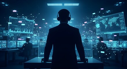Cybersecurity Expert Overseeing Global Network Operations in a High-Tech Data Center