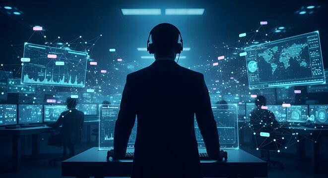 Cybersecurity Expert Overseeing Global Network Operations in a High-Tech Data Center