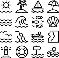Fototapeta premium Minimalist Line Art Beach Holiday Summer Vacation and Coastal Icons