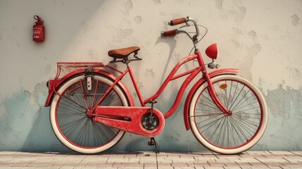 Vintage Red Bicycle Leaning Against a Weathered Wall
