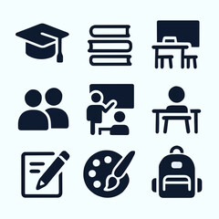 Icon set depicting education-related symbols: graduation cap, books, classroom, students, art palette, and backpack.
