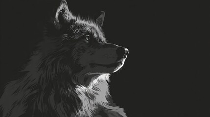 Naklejka premium A grayscale digital painting of a wolf's head and shoulders, depicted in profile against a dark background, illuminated with subtle highlights emphasizing its fur texture and intense gaze