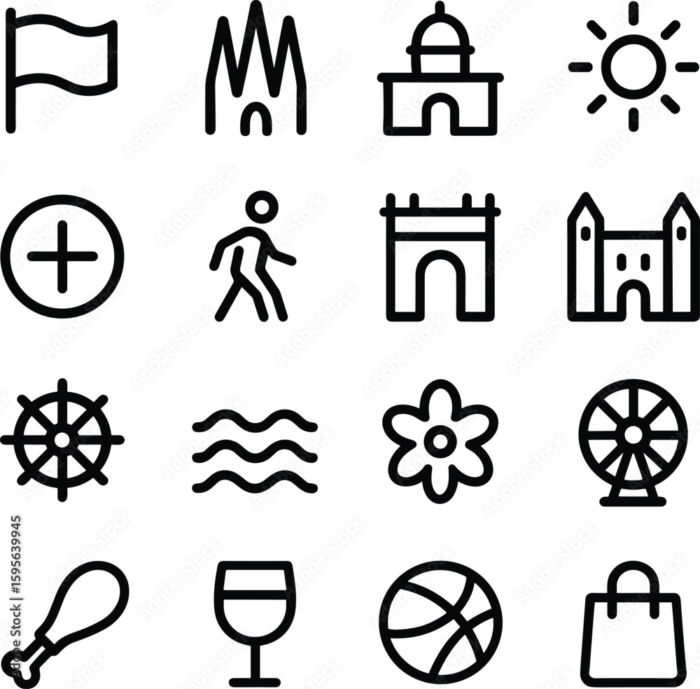 Poster outline simple thin line icon set of various objects elements