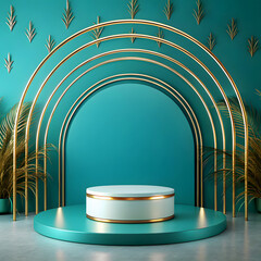 A circular teal backdrop adorned with elegant golden rods forming a radiant