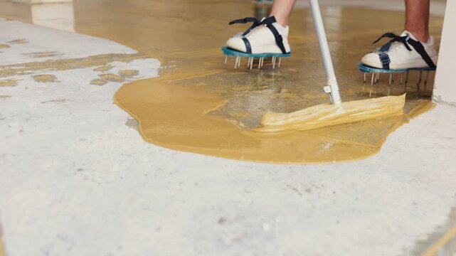 Closeup footage of a worker spreading epoxy resin smoothly across a floor with a large squeegee tool