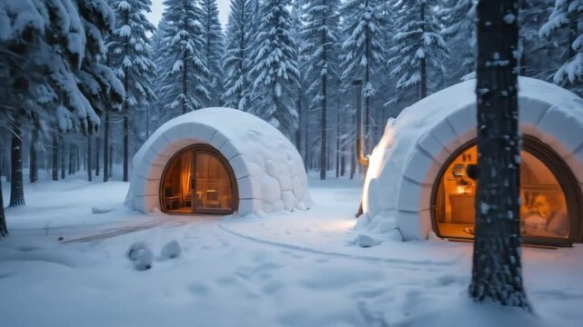 Snowy Forest With Glowing Igloo At Dusk Background. 4k video