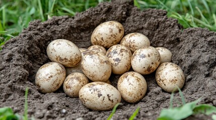 Nest of speckled eggs in the ground