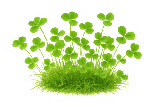 Vibrant green clover patch thrives amidst a bed of grass, presented on a transparent background for seamless integration