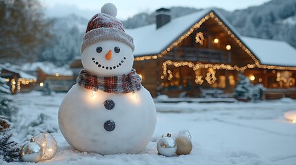 Obraz premium Festive snowman standing in the snow outside a cozy log cabin.