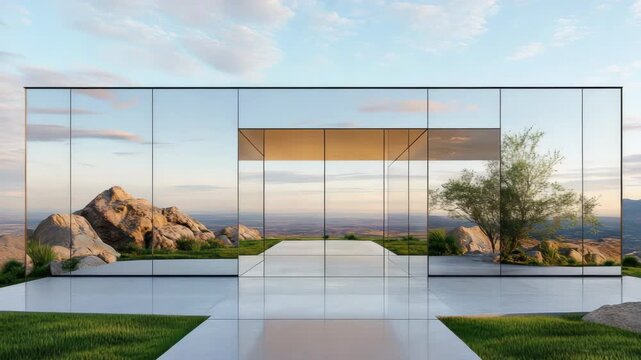 Modern glass architecture harmonizes with nature, featuring breathtaking landscapes and majestic