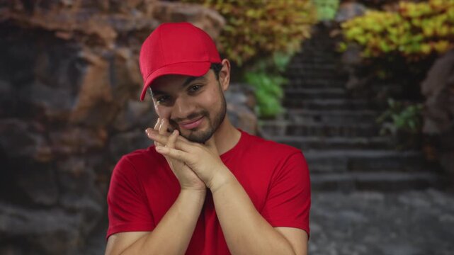 Man with smiling face and clasped hands and red cap in forest by stone stairs; optimism hope confidence planning.