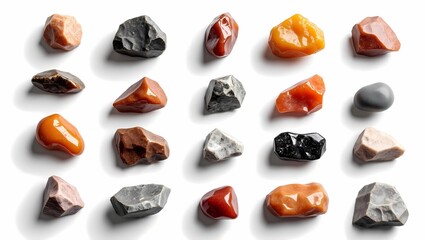 a close-up shot of various colorful rocks, each with unique shapes and textures, placed on a surface