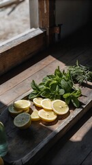 Sliced lemons on rustic wooden board with fresh mint and herbs, soft warm Italian sunlight, farmhouse kitchen scene, Mediterranean vibe, cozy natural textures

