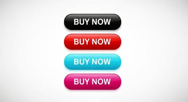 A collection of four colorful buy now buttons in black, red, blue, and pink