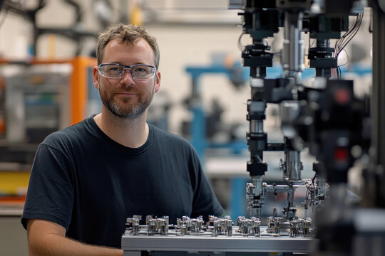 caucasian male engineer in safety glasses standing beside modern machinery in industrial factory. technology and innovation in manufacturing. professional workspace. corporate presentation, industry