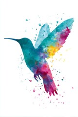 silhouette of a flying hummingbird in watercolor style, vibrant splashes of teal, magenta, and yellow, light and airy brush strokes, white background
