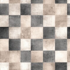 neutral-toned grunge checker pattern, beige, ivory and stone gray squares with soft texture and stained surface, seamless vintage fabric pattern