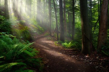 Obraz premium Sunlit Forest Trail Winding Through Lush Greenery