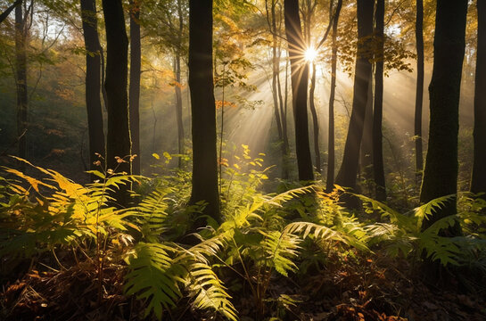 Golden sunlight enters through narrow gaps of autumn woodland casting soft beams over textured leaves and forest undergrowth creating calming visual depth enhanced by blurred bokeh