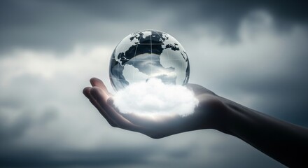 A hand gently holds a glass globe resting on a fluffy cloud, symbolizing global care and environmental protection