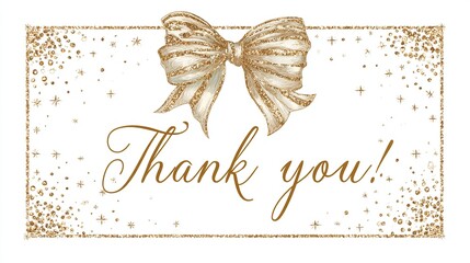 A white rectangular thank you card features a large, off-white glitter bow in the center, with gold glitter scattered along the borders and "Thank you!" elegantly scripted below