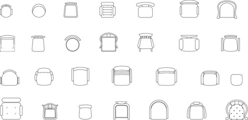 a grid of various vector diagrams of single chairs and stools, presented in a top-down, minimalist line art style.