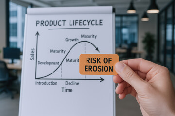 Hand holds card with risk of erosion near product lifecycle chart illustrating growth maturity and decline stages addressing innovator dilemma