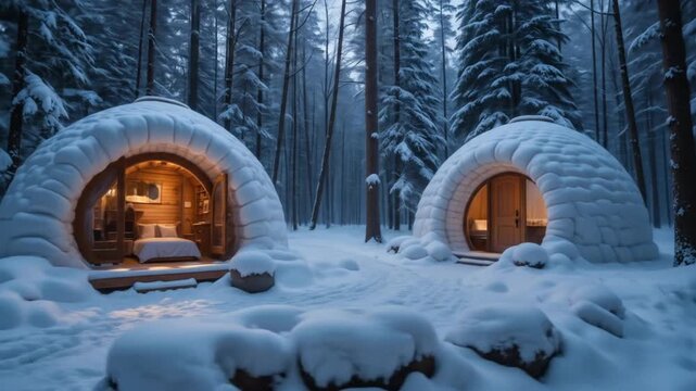 Snowy Forest With Glowing Igloo At Dusk Background. 4k video