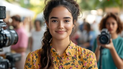 Young woman in floral dress at a  set.