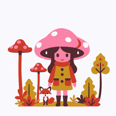 Fototapeta premium Cute Autumn Illustration- Girl with Mushroom Hat- Fox and Colorful Leaves- Rainy Season Art- Whimsical Fall Scene- Children's Book Illustration- Forest Creature Design