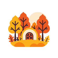 Cute Fall Scene with Hobbit House-Autumn Trees in Yellow and Orange-Fantasy Landscape Illustration-Whimsical Forest Art-Cozy Autumn Vibes