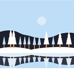 Winter Landscape Illustration-Snowy Trees and Full Moon-Reflections in Frozen Water-Minimalist Winter Scene-Nature Art Print-Winter Decor